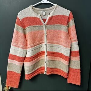 L.L. Bean 100% Cotton Cardigan Sweater Womens Small Colorblock Stripes Knit